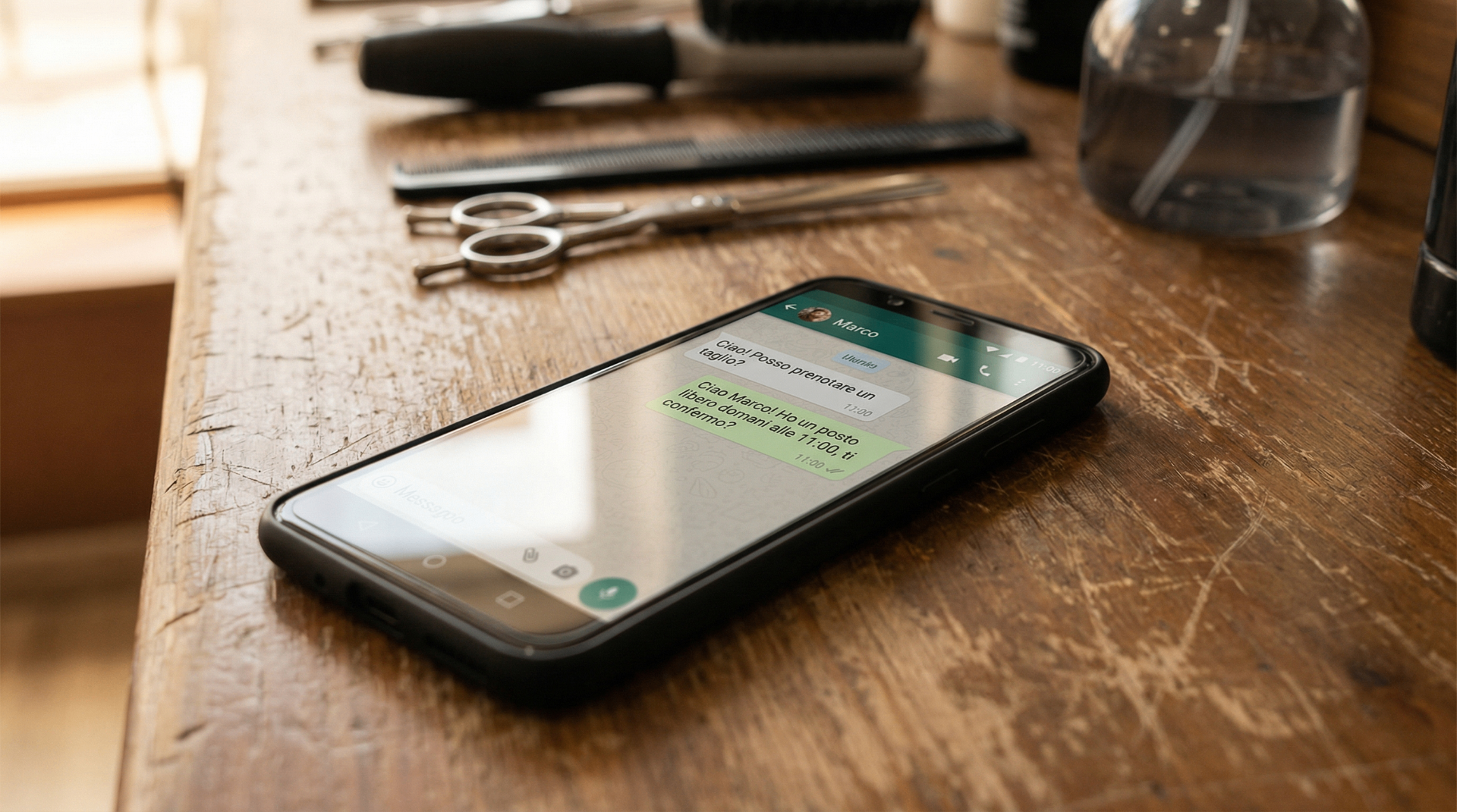 Smartphone sul bancone di un barbiere con conversazione WhatsApp di prenotazione in corso