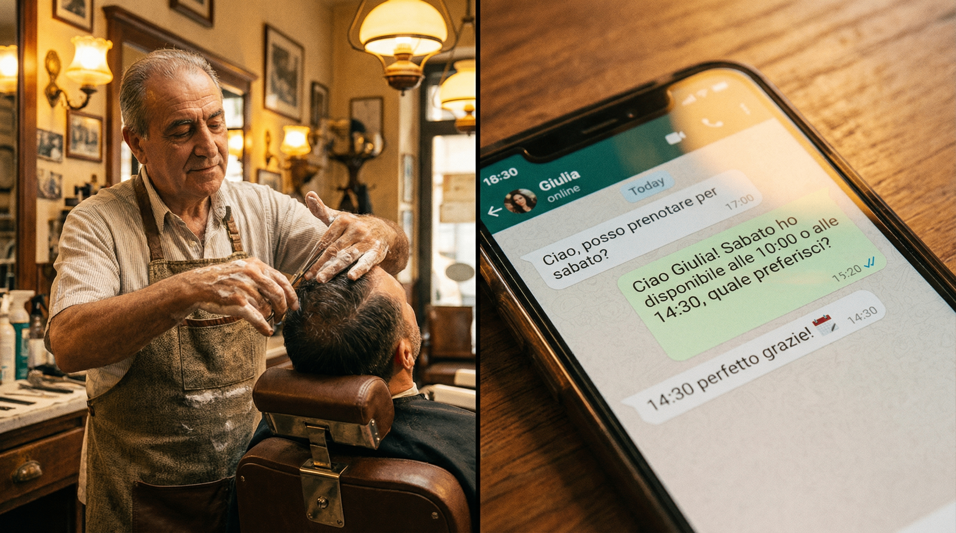 Barbiere che taglia i capelli mentre Zappy gestisce in automatico la prenotazione WhatsApp di Giulia
